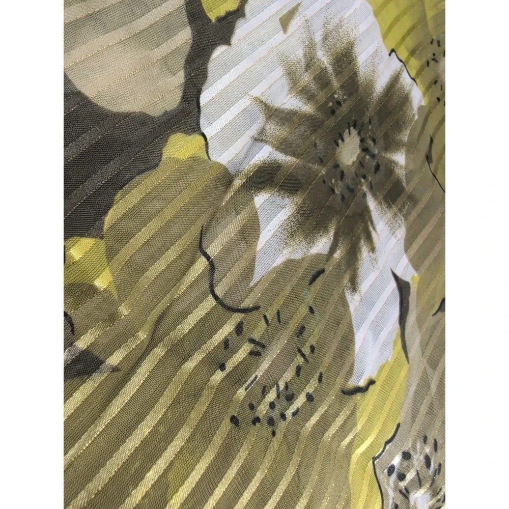 Vintage Sheer Floral Scarf – Green, White & Yellow Flowers w/ Metallic Stripes –